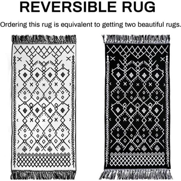 Upgraded Boho Runner Rug 2'x8', Hallway Runner Black White, 100% Woven Cotton - Picture 6 of 6